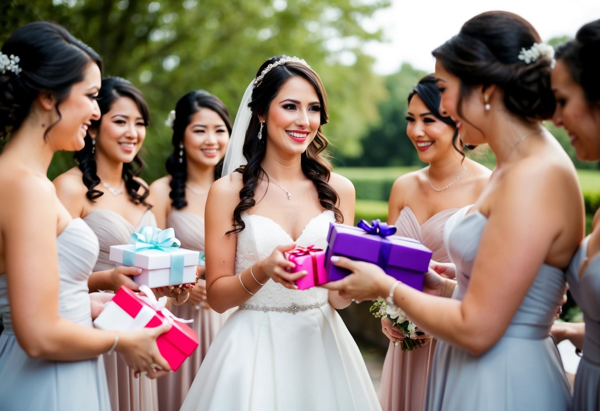 A bride handing out gifts to her bridesmaids