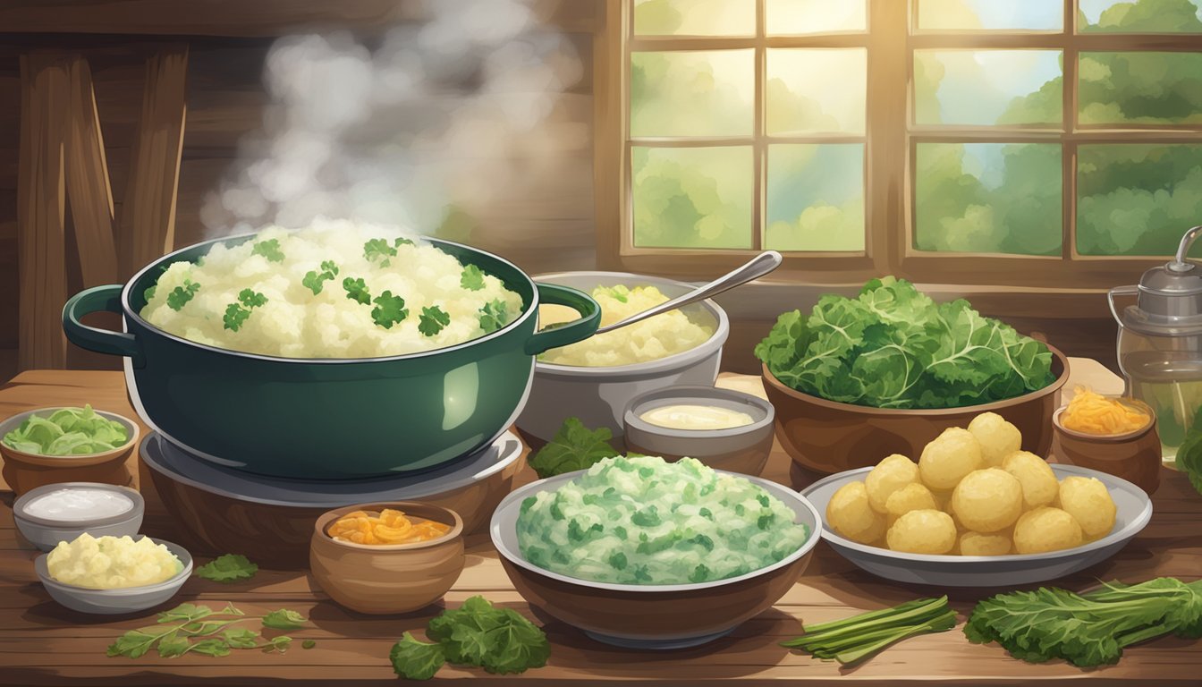 A steaming bowl of colcannon sits next to a variety of other dishes on a rustic wooden table, steam rising from the creamy potatoes and greens