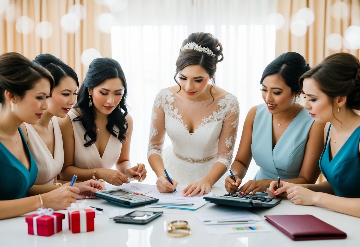 A bride carefully budgeting and calculating expenses for her bridesmaids' attire, accessories, and gifts