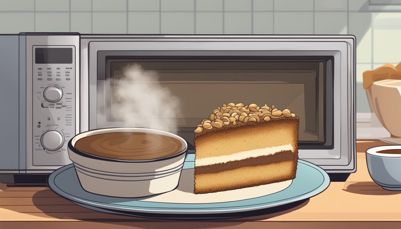 A slice of coffee cake sits on a plate next to a microwave, with steam rising from it as it is being reheated