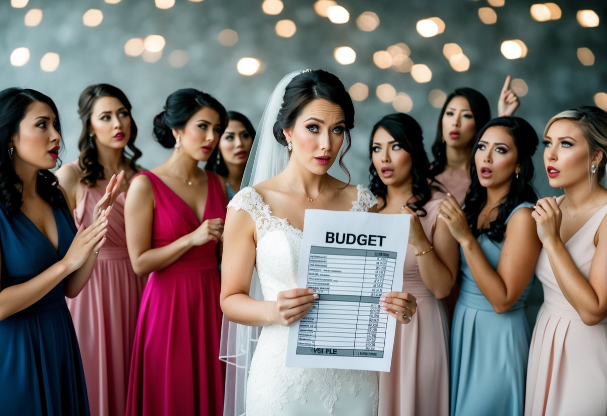 A bride holding a budget sheet, surrounded by bridesmaids in various dresses, with questioning expressions