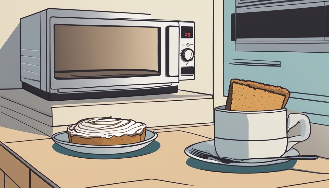 A slice of coffee cake on a plate next to a microwave and a timer set for reheating