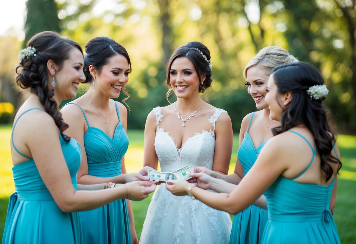 Bridesmaids handing money to bride