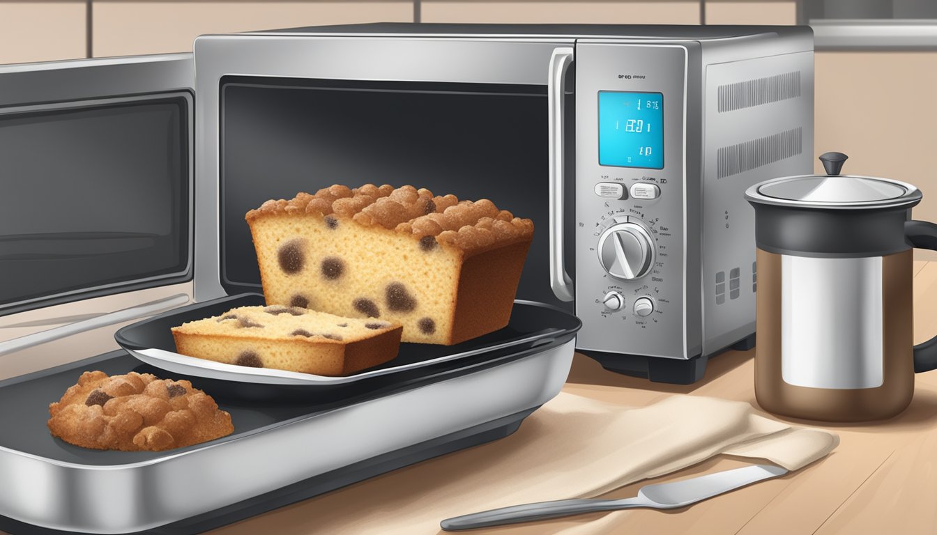 Coffee cake on a plate next to a microwave, toaster oven, and stovetop with a pot and spatula