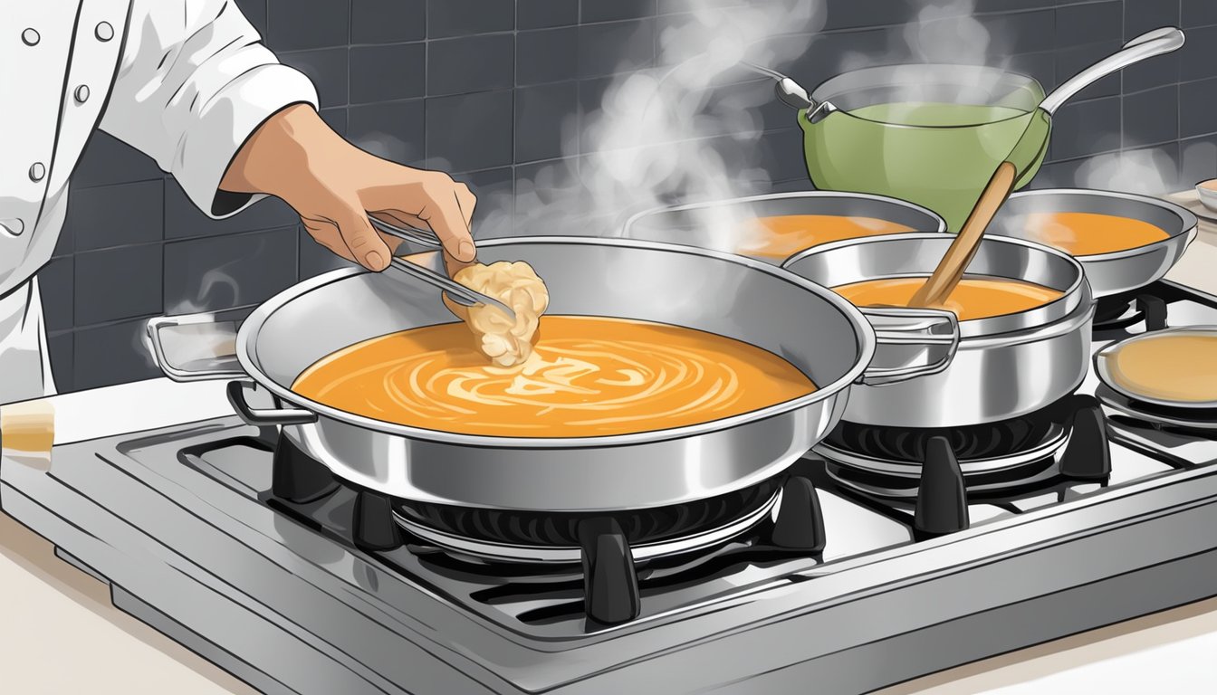 A steaming bowl of crab bisque being carefully reheated on a stovetop, with a chef using a whisk to ensure even heating and maintain the soup's quality