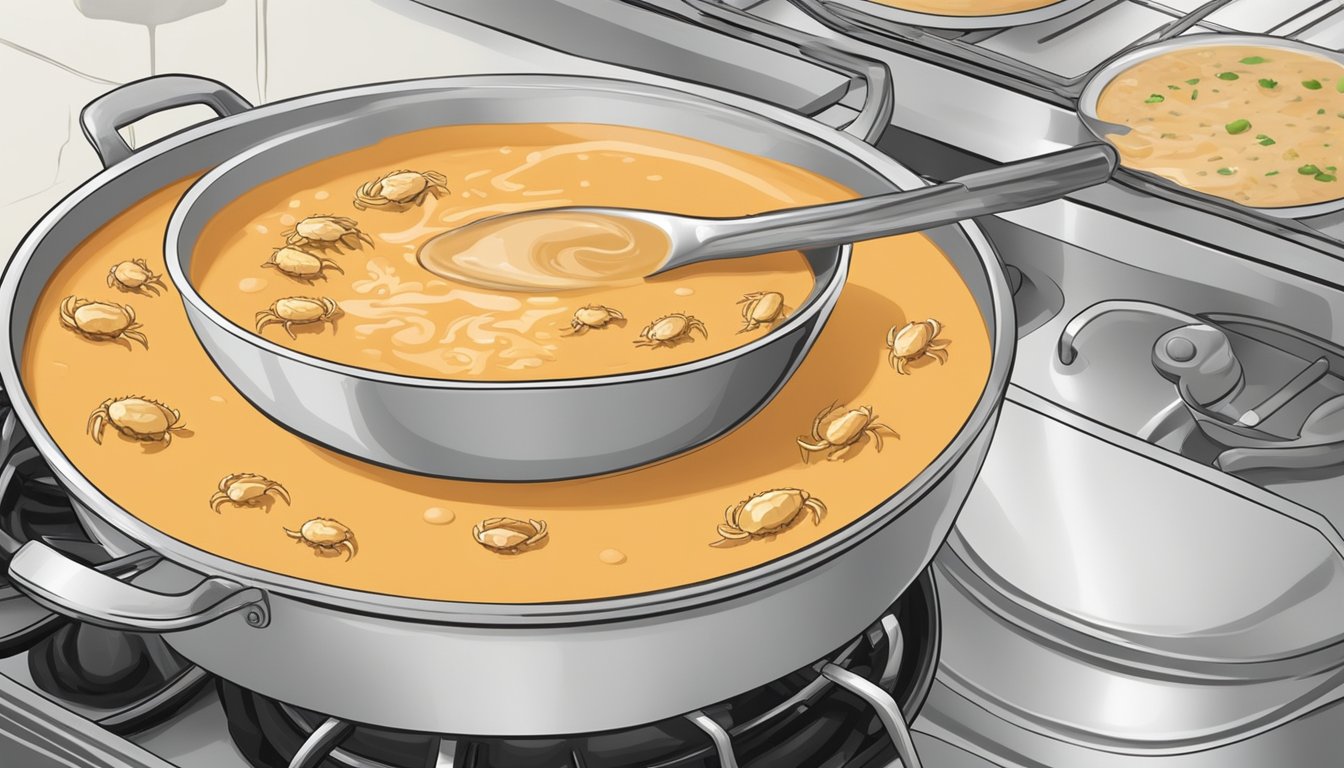 A pot of reheated crab bisque simmers on a stovetop, steam rising and swirling above the creamy soup. A ladle rests on the edge of the pot