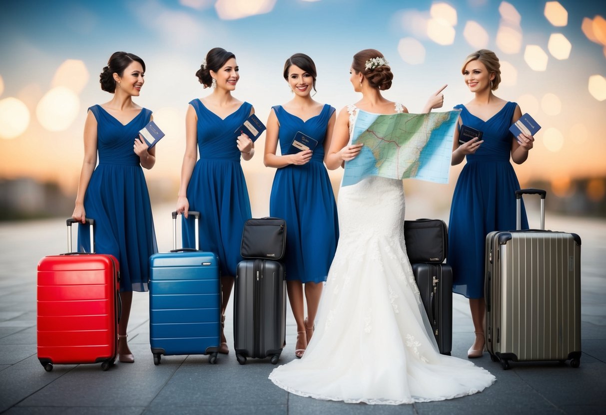 Bridesmaids carrying suitcases, passports, and tickets, while the bride stands in front, holding a map and pointing towards a destination