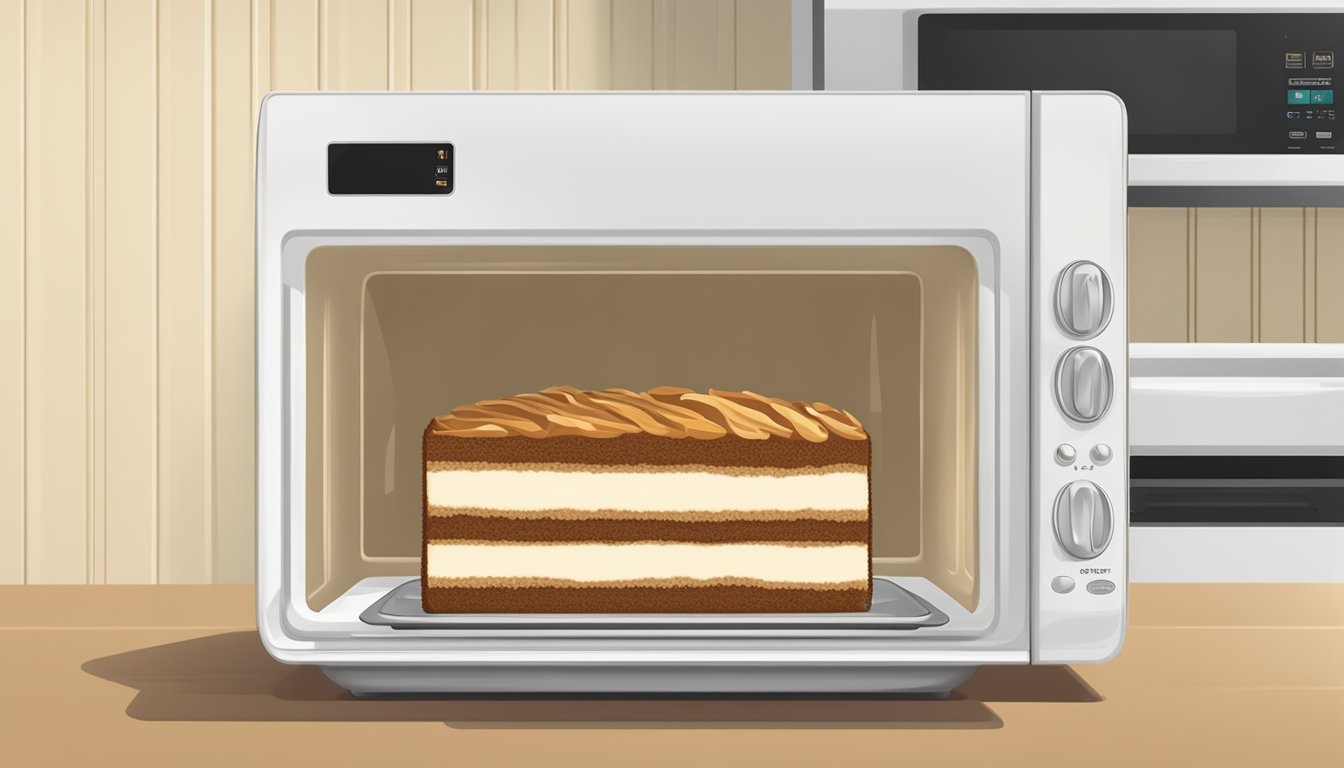 A slice of coffee cake rotating on a microwave-safe plate inside a microwave