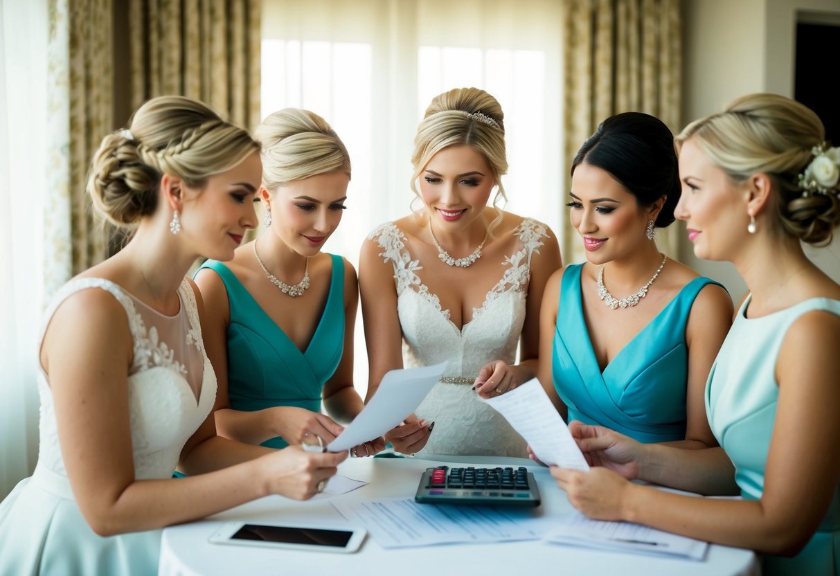 Bridesmaids discussing and calculating expenses for the bride's wedding