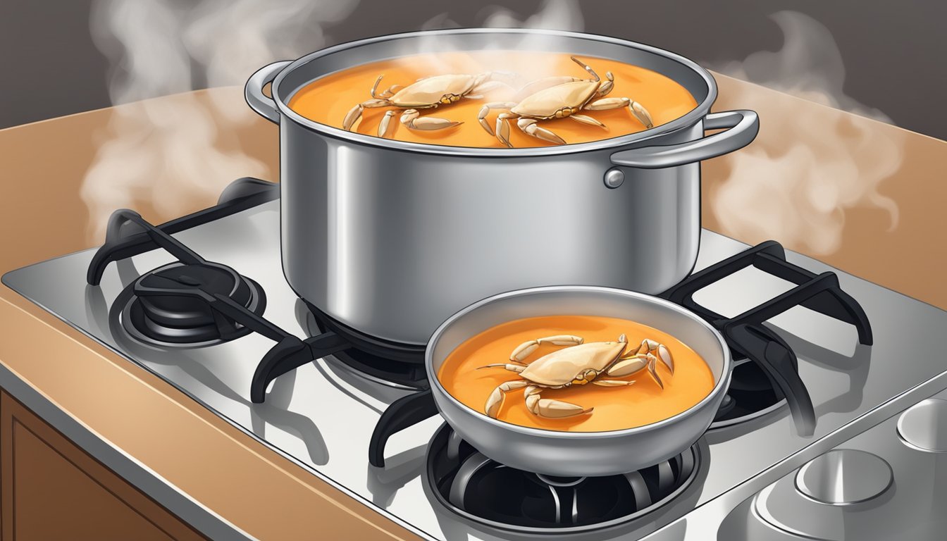 A pot of crab bisque being gently reheated on a stovetop, with steam rising and a fragrant aroma filling the kitchen