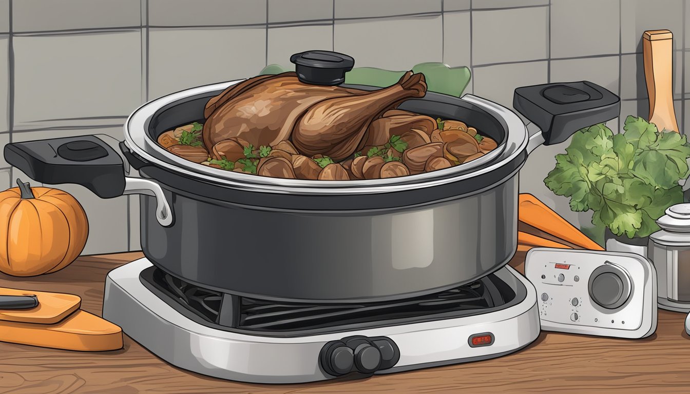 A pot of coq au vin sitting on a stovetop with a lid next to it, a wooden spoon, and a timer set for reheating