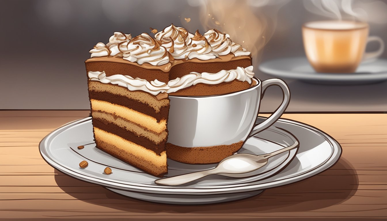 A slice of coffee cake sits on a plate next to a steaming cup of coffee. A dollop of whipped cream and a sprinkle of cinnamon are added on top of the cake