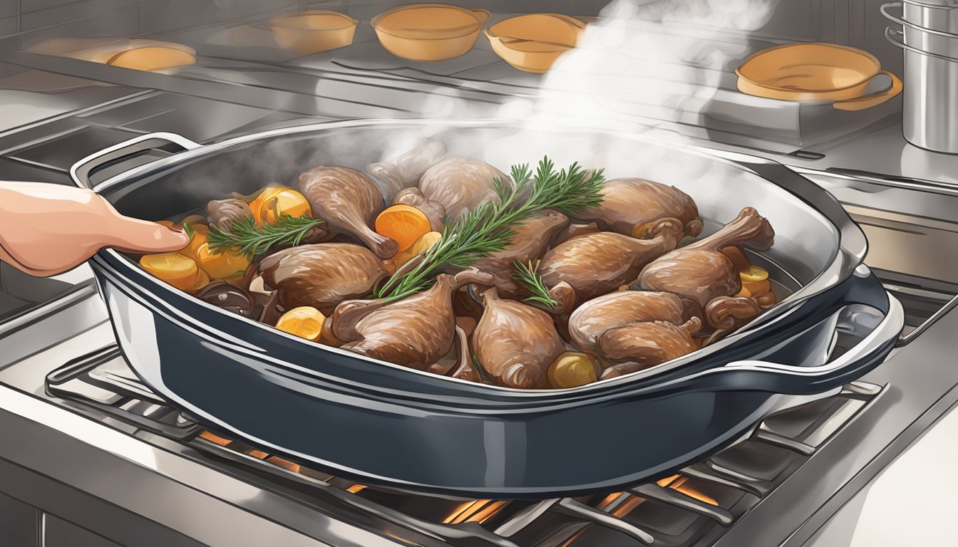 A steaming dish of coq au vin being carefully placed into a preheated oven