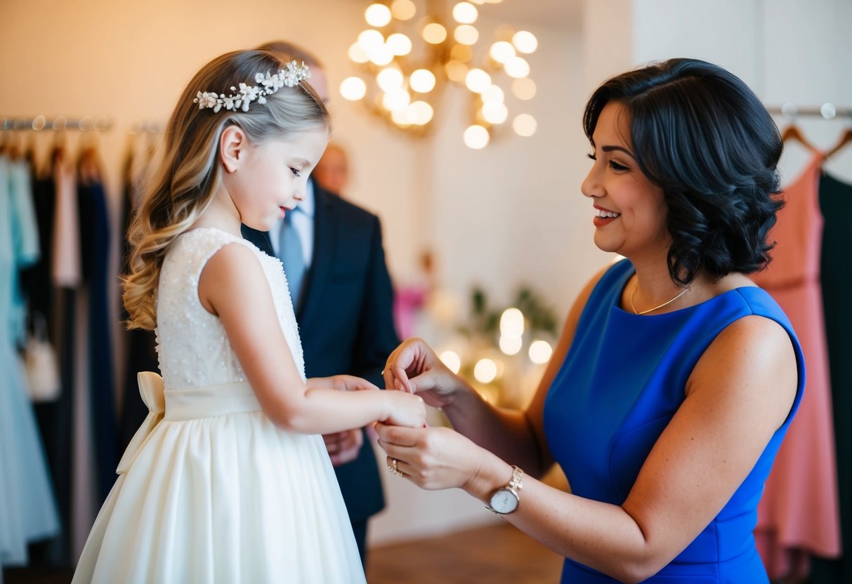 A parent or guardian purchasing a flower girl's dress for a wedding