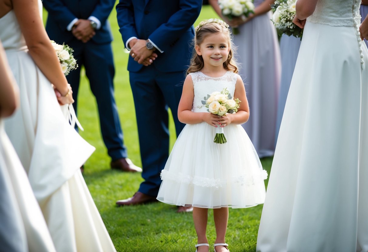 A young girl in a frilly dress stands by a bride, holding a small bouquet. She smiles as she waits for the ceremony to begin