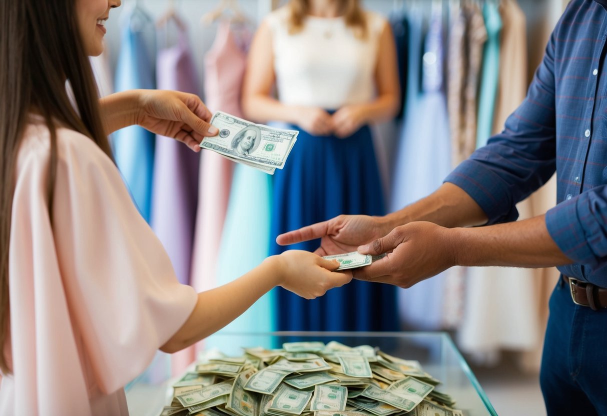A parent or guardian handing over money to a dress shop owner