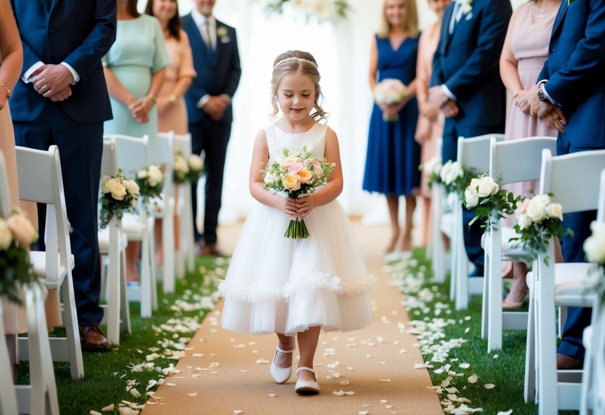 A young girl in a frilly dress holds a bouquet and walks down the aisle scattering flower petals. She is surrounded by a group of people dressed in formal attire