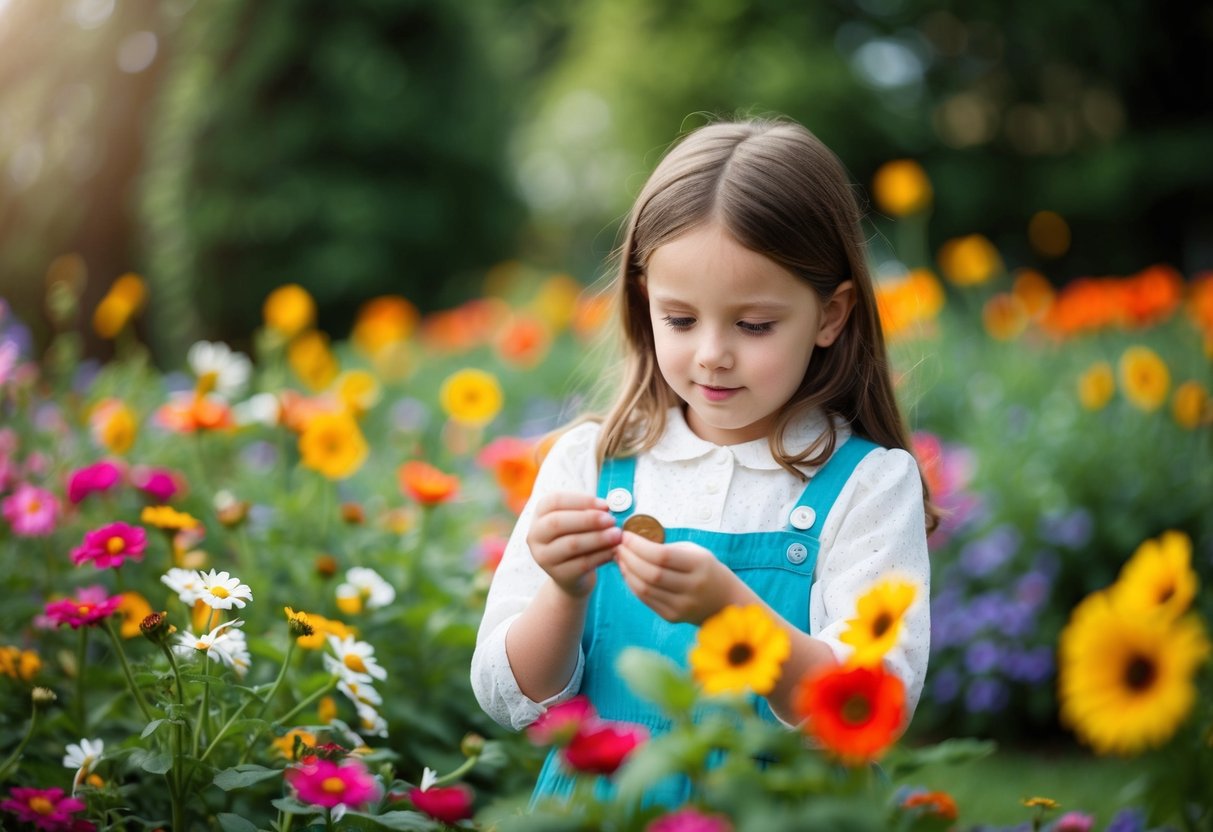A young girl counting coins in a flower-filled garden