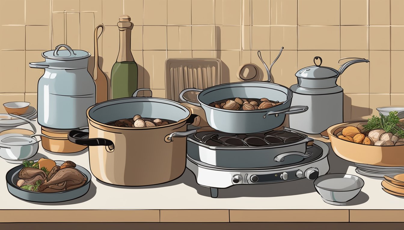 A pot of coq au vin being gently reheated on a stovetop, surrounded by a variety of serving dishes and utensils