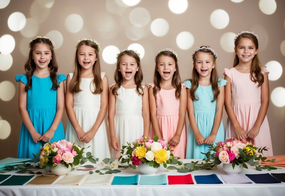 A group of young girls in matching dresses stand excitedly around a table covered in fabric swatches and flower arrangements