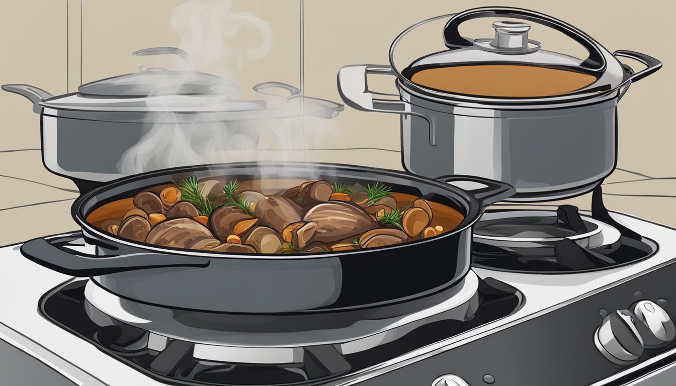 A pot of coq au vin being reheated on a stovetop