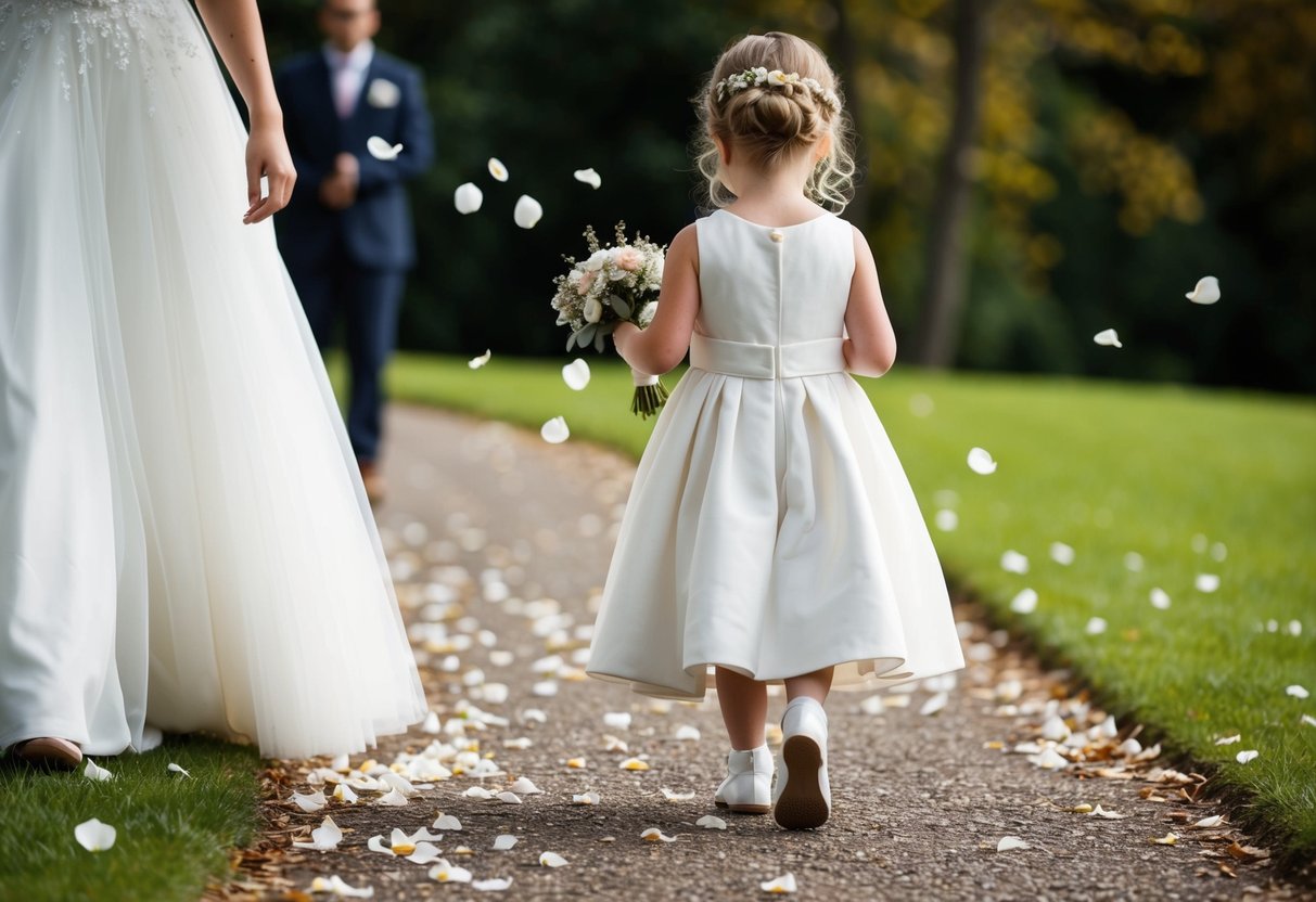 A flower girl walks ahead of the bride, scattering petals along the path