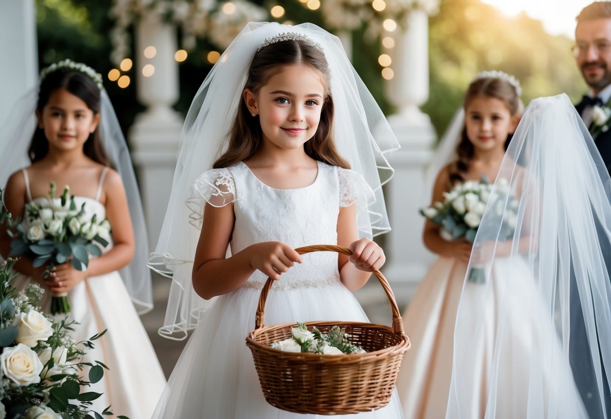 A young girl in a frilly dress holds a basket of flowers, surrounded by other wedding preparations - a veil, bouquet, and elegant decorations