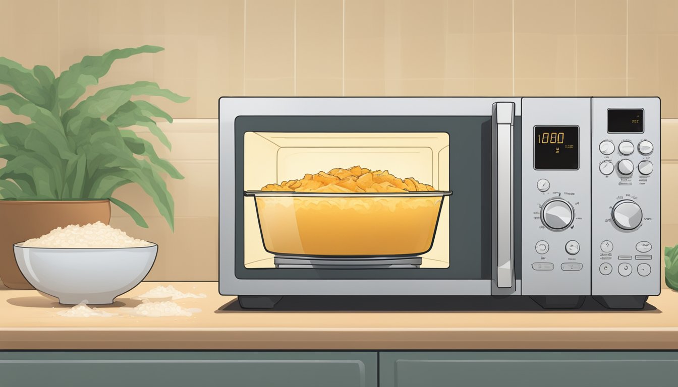 A microwave with a bowl of crab rangoon dip inside, a timer set, and steam rising from the bowl