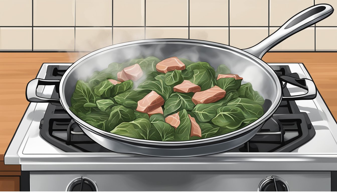 A steaming pot of collard greens and ham hocks being gently reheated on a stovetop