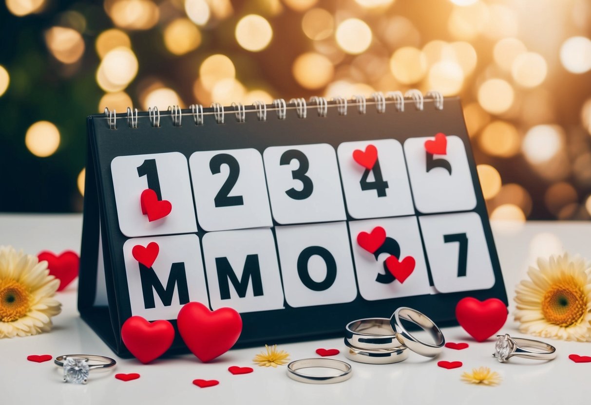 A calendar with seven months marked, surrounded by symbols of love and commitment, such as rings, hearts, and flowers