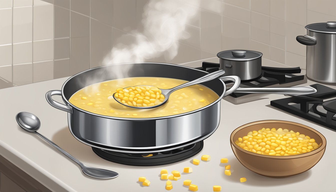 A pot of corn chowder on a stovetop, steam rising, ladle resting on the side, with a bowl and spoon nearby