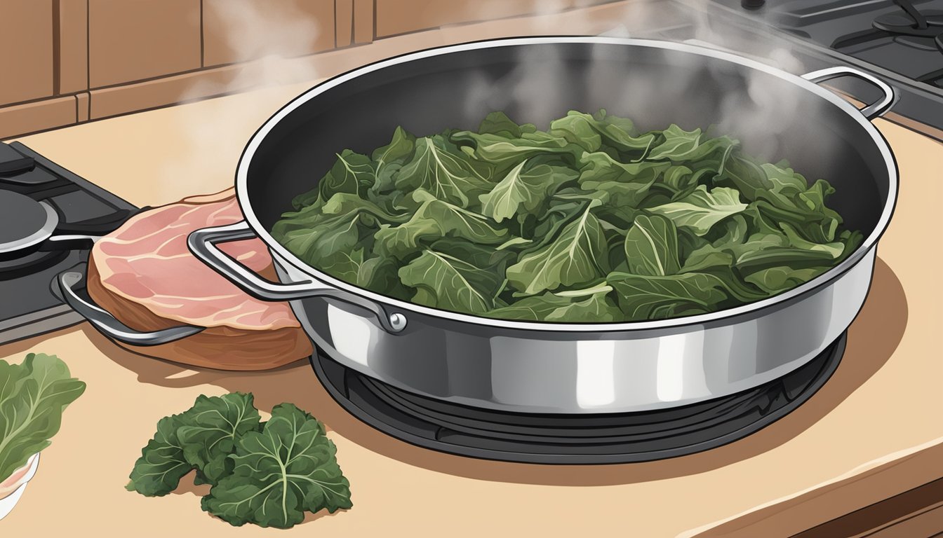 A pot of collard greens with ham hocks, steaming on a stovetop