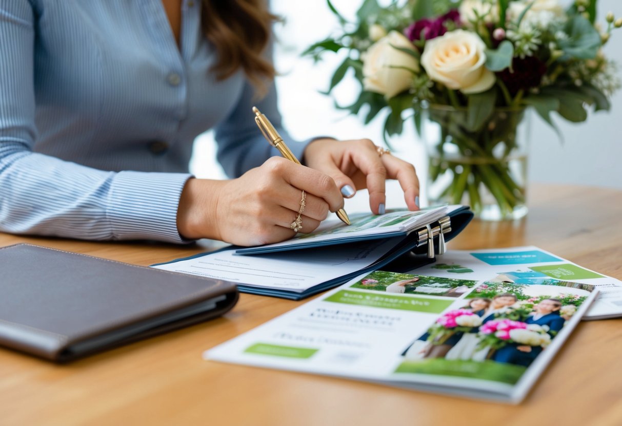 A woman's hand holding a checkbook with a wedding venue and florist brochures on a table