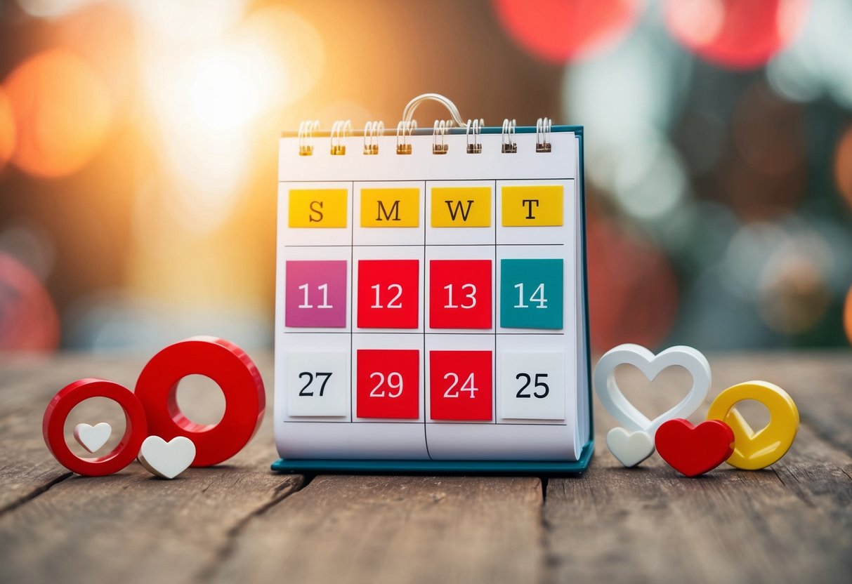 A calendar with seven months highlighted, surrounded by symbols of love and commitment
