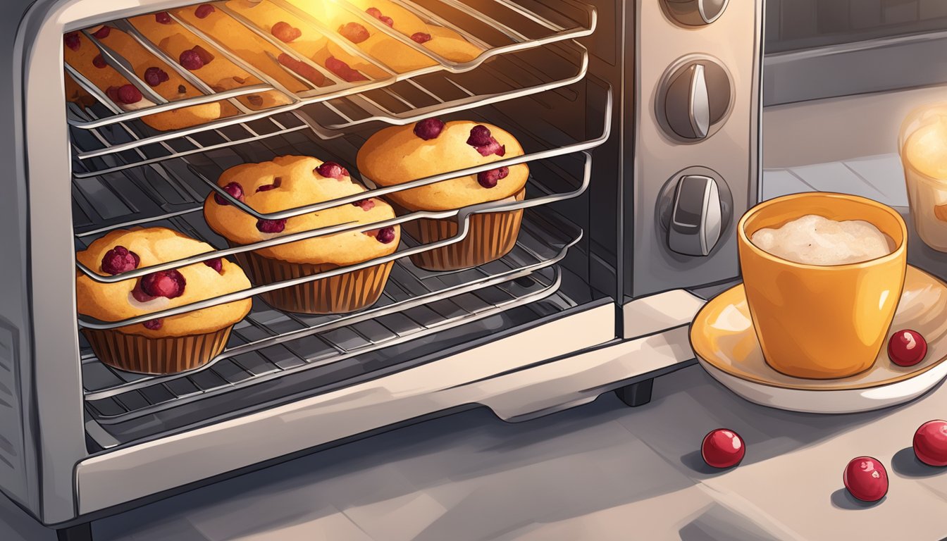 A plate of cranberry orange muffins being reheated in a toaster oven