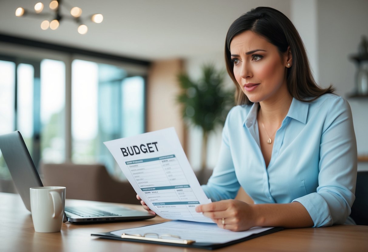 A woman reviewing a detailed wedding budget with a concerned expression