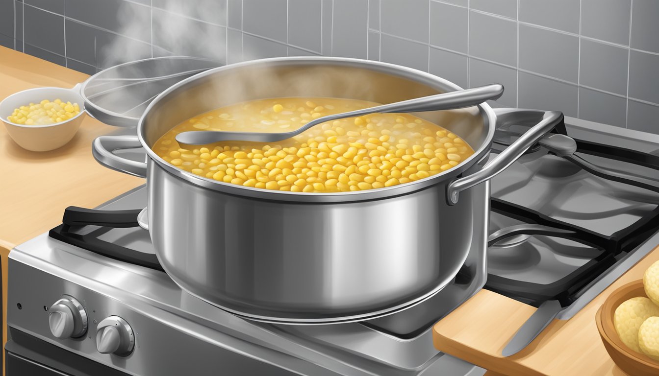 A pot of corn chowder simmering on a stovetop, steam rising, with a ladle resting on the side