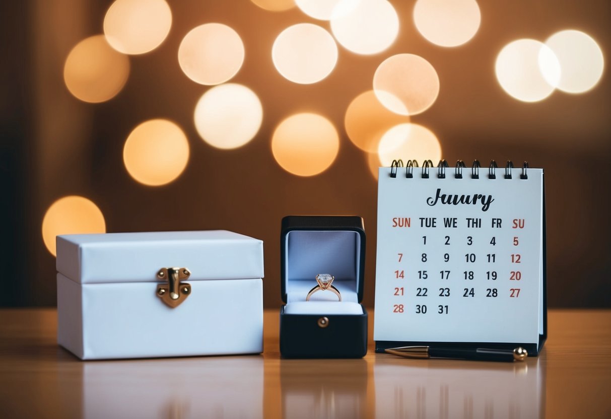 A calendar with 7 months marked, a ring box, and a thoughtful expression
