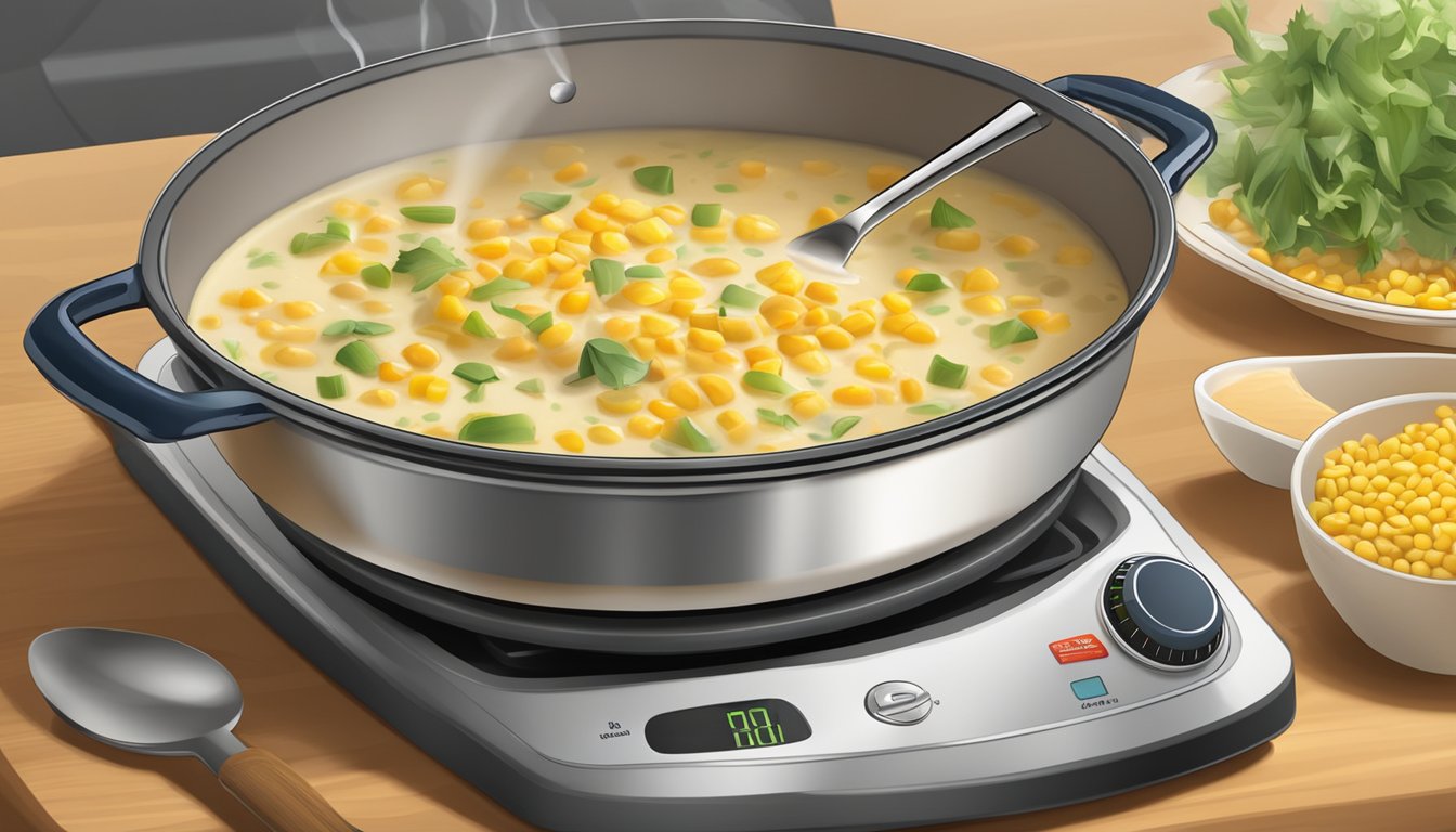 A pot of corn chowder on a stovetop, with a nearby timer set to a recommended reheating time, and a ladle for stirring