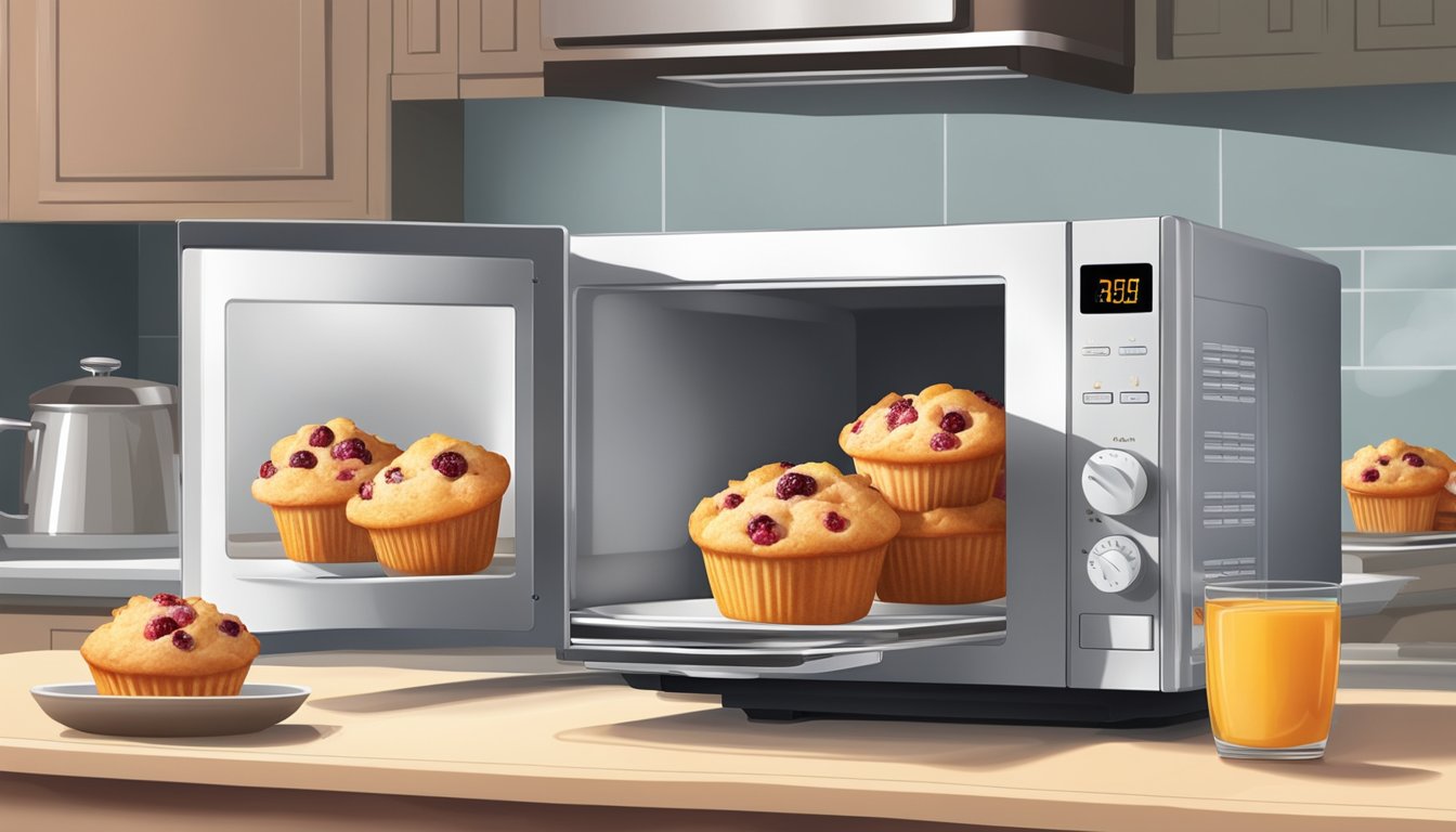 A microwave with a plate of cranberry orange muffins inside, steam rising from the warm muffins