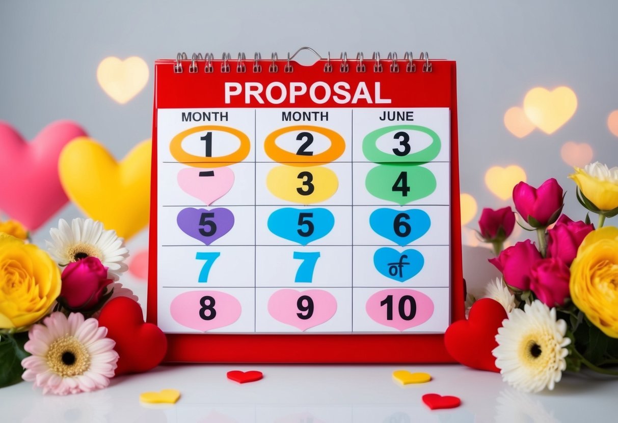 A calendar with the month of the proposal circled seven times in bright colors, surrounded by hearts and flowers