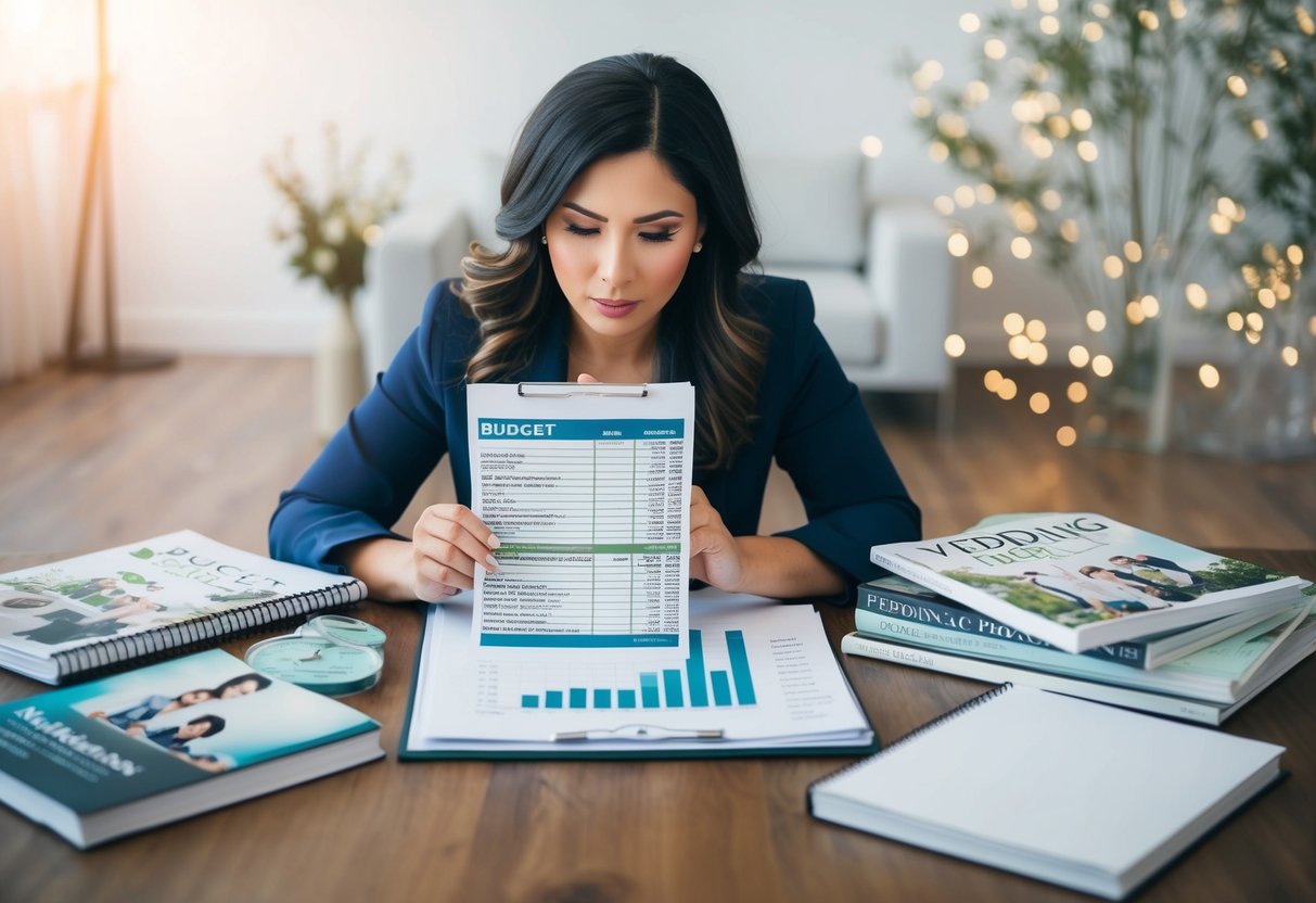 A woman reviewing a budget spreadsheet with a concerned expression, surrounded by wedding magazines and a wedding planning book
