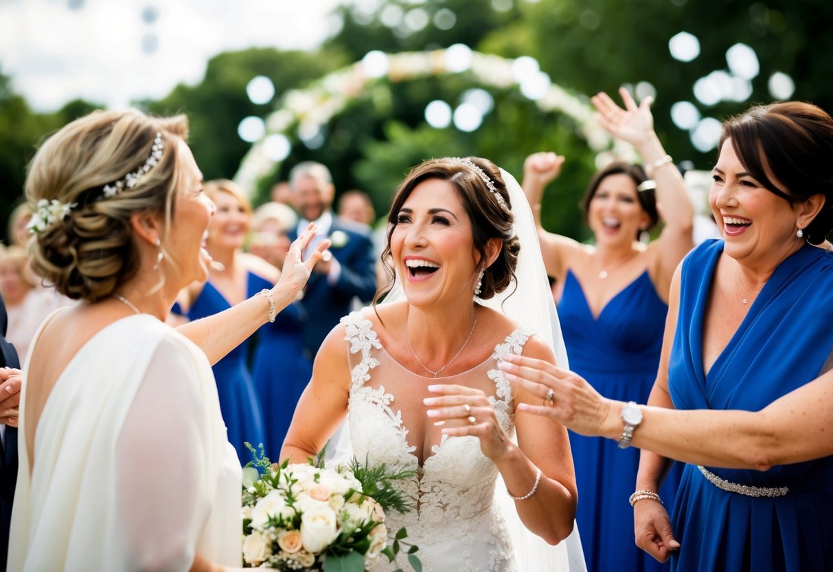 A joyful wedding celebration with the mother of the bride happily contributing to the festivities