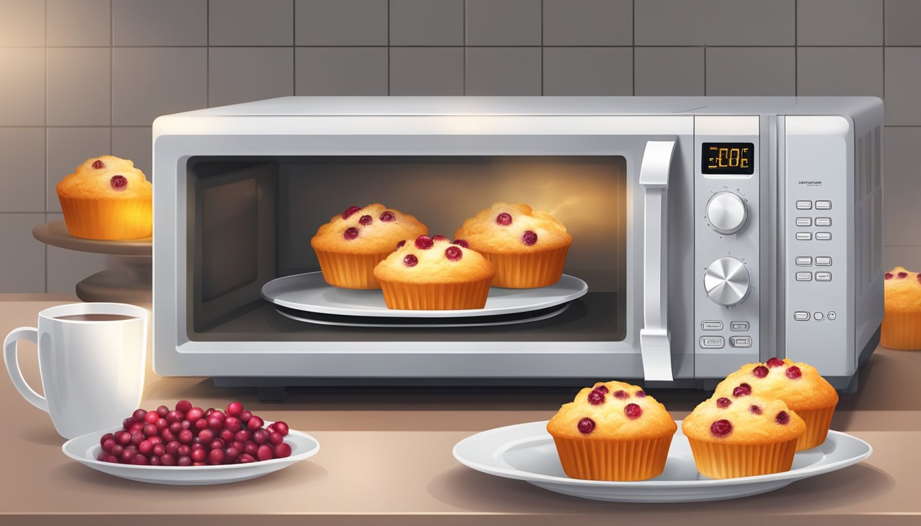 A microwave with a plate of cranberry orange muffins inside, the timer set and the light on, steam rising from the warm muffins