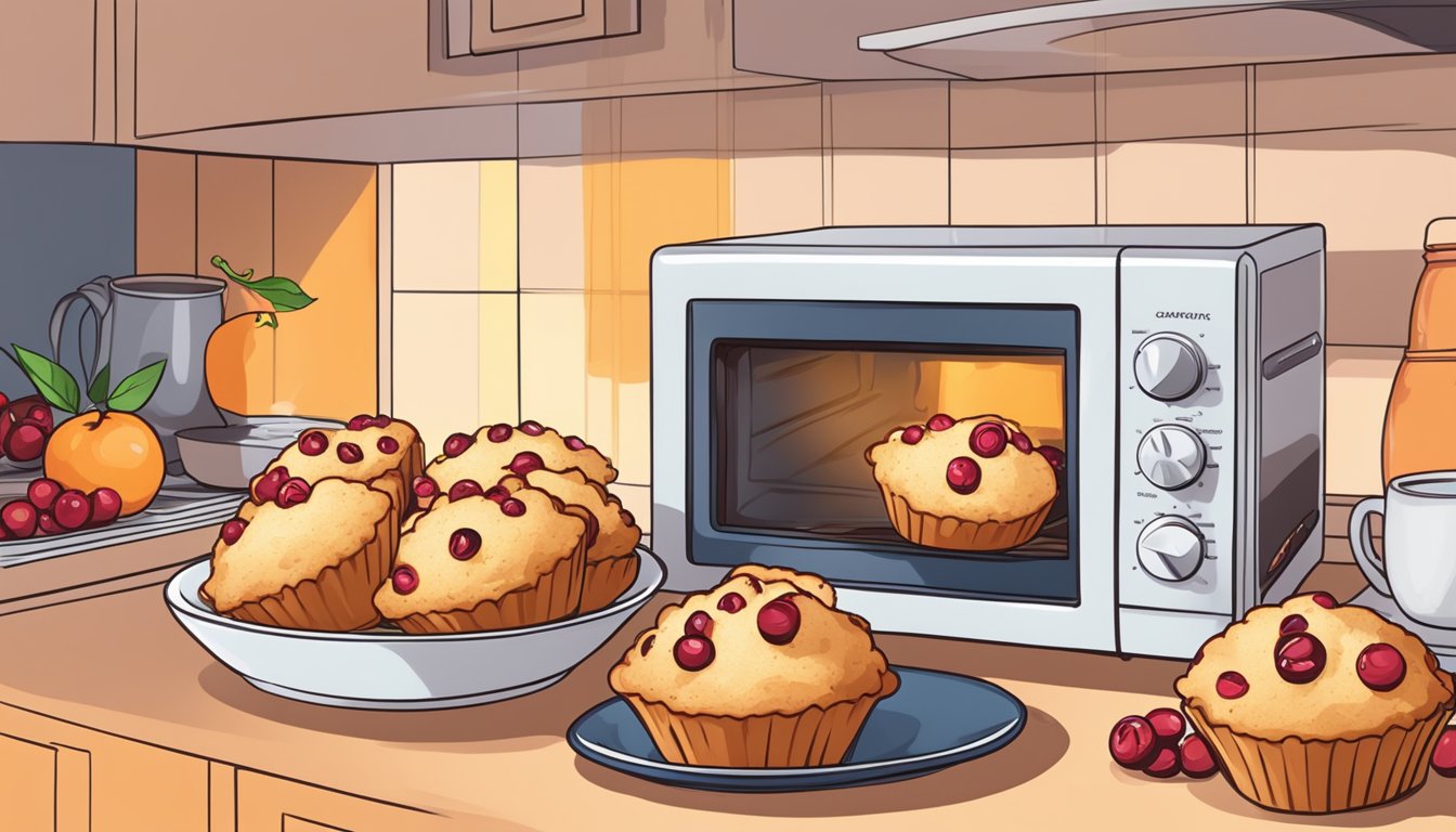 A plate of cranberry orange muffins being reheated in the microwave