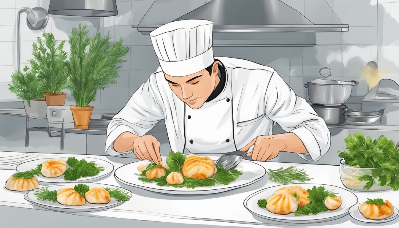 A chef carefully arranges reheated coquilles saint jacques on a clean, white plate, adding a final garnish of fresh herbs for presentation