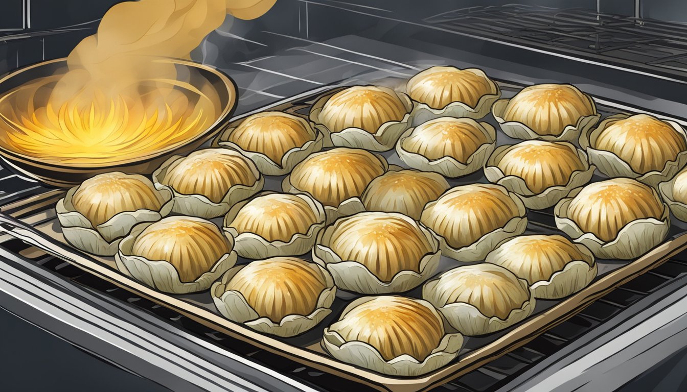 A steaming coquilles saint jacques dish being carefully placed in the oven for reheating