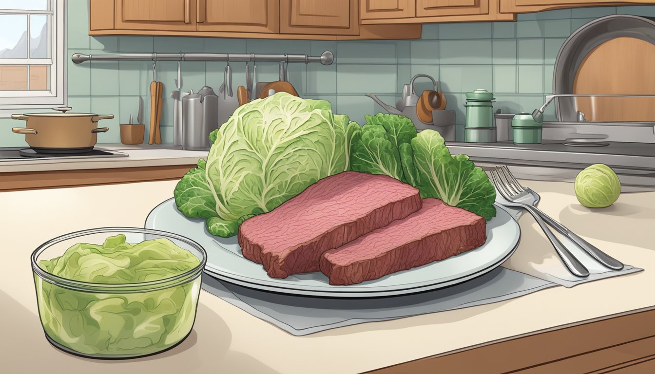 A plate of reheated corned beef and cabbage steaming on a kitchen counter, with a fork nearby