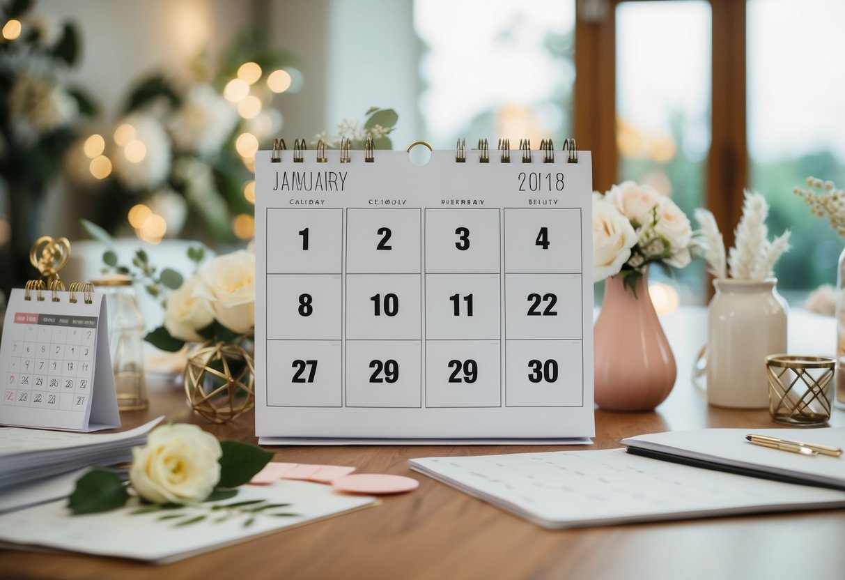 A calendar with seven months highlighted, surrounded by wedding planning materials and decorations