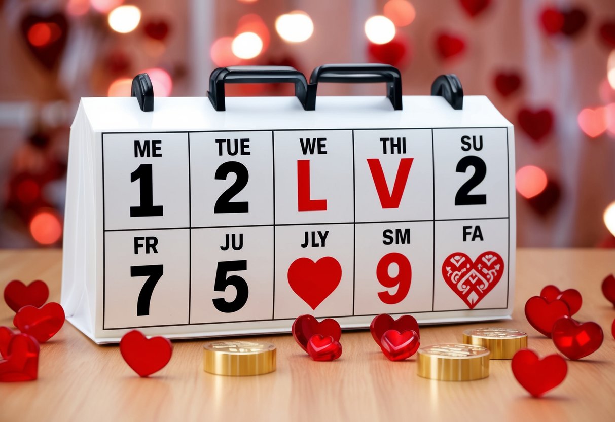 A calendar with seven months marked, surrounded by symbols of love and commitment